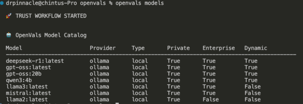 OpenVals Model Catalog CLI output